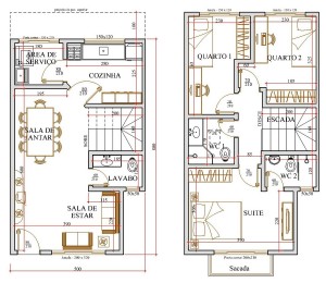 planta de sobrados com 3 quartos